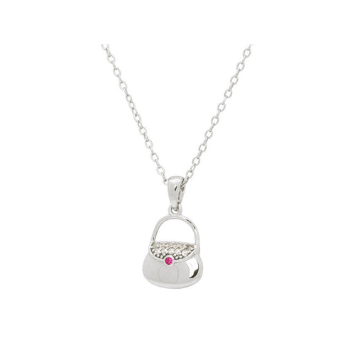 Silver Rhodium Plated Teen Purse Pendant   Necklace 16"+ 2" Cubic Zirconias and Rubi  Pave - Bae Apparel