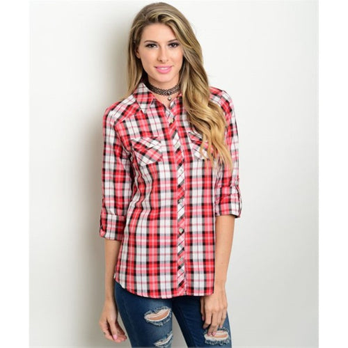 Women's Shirts Plaid Button Down Red And White - Bae Apparel