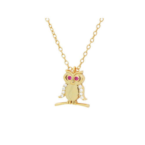 Silver 18K Gold Plated Teen  Owl Pendant Necklace 16"+ 2" Cubic Zirconias Pave Red Eyes - Bae Apparel