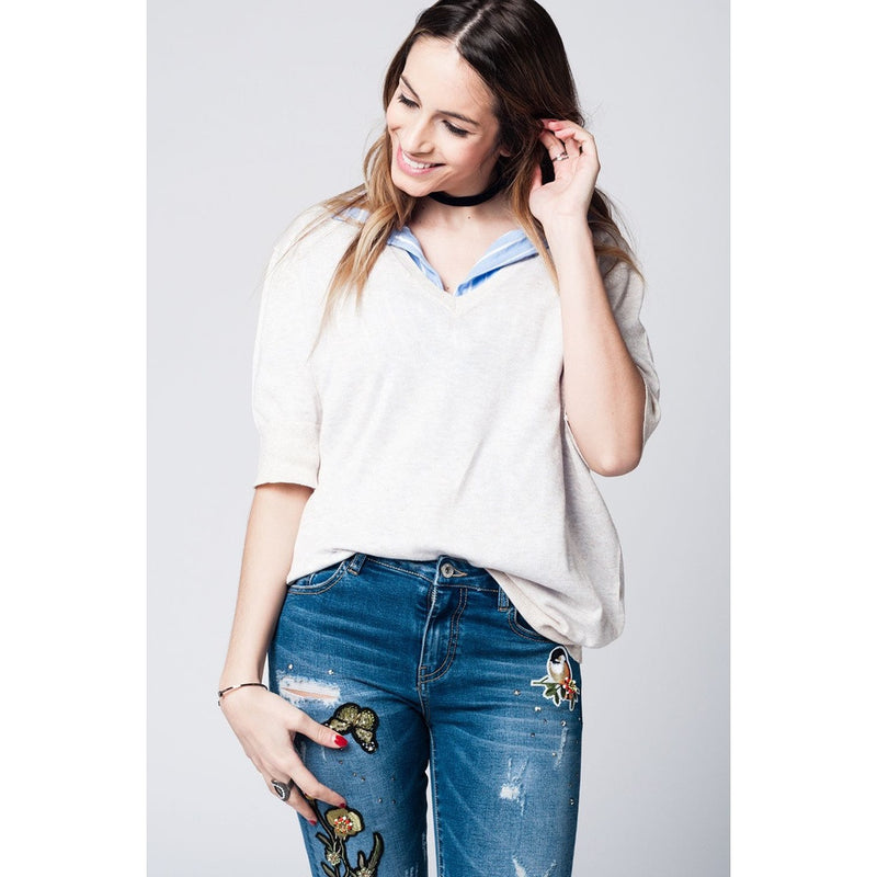 Beige lightweight knit sweater with 3/4 sleeves - Bae Apparel