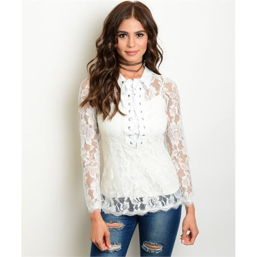 Women's Top Ivory Lace Long Sleeve Blouse - Bae Apparel