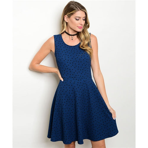 Women's Dress Blue And Black Dotted Party Dress - Bae Apparel