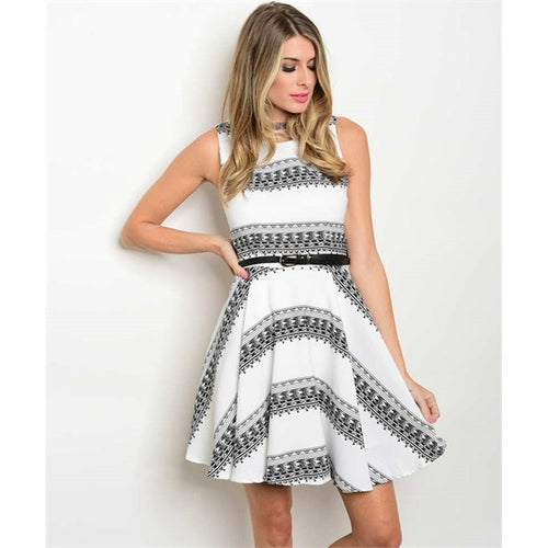 Women's Dress White And Black With Belt Party Dress - Bae Apparel