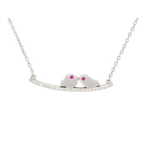 Silver Rhodium Plated Teen Loving Birds   Necklace 16"+ 2"Cz Rubi - Bae Apparel