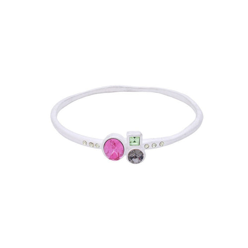 Pink & Green Multi Geometric Stone Silver Bangle - Bae Apparel