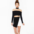 Women's Long Sleeve Crop Top With Choker Slash Neck - Bae Apparel