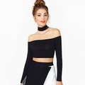 Women's Long Sleeve Crop Top With Choker Slash Neck - Bae Apparel