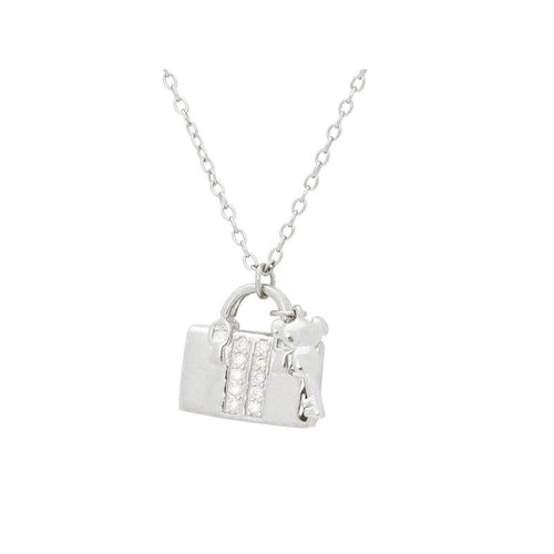 Silver Rhodium Plated Teen Purse Pendant   Necklace 16"+ 2" Cubic Zirconias Pave - Bae Apparel