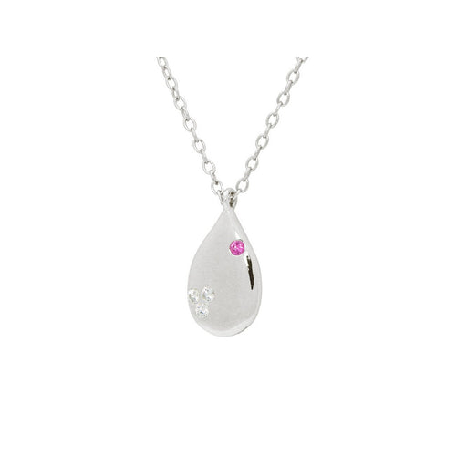 Silver Rhodium Plated Teen Love Tear Drop Necklace 16"+ 2" Cubic Zirconias and Red Cz - Bae Apparel