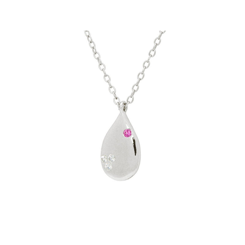 Silver Rhodium Plated Teen Love Tear Drop Necklace 16"+ 2" Cubic Zirconias and Red Cz - Bae Apparel