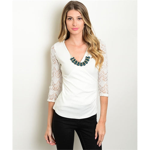 Women's Lace Blouse Long Sleeve With Necklace - Bae Apparel