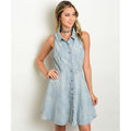 Women's Dress Blue Denim Button Down Dress Shirt - Bae Apparel