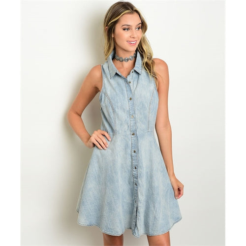 Women's Dress Blue Denim Button Down Dress Shirt - Bae Apparel