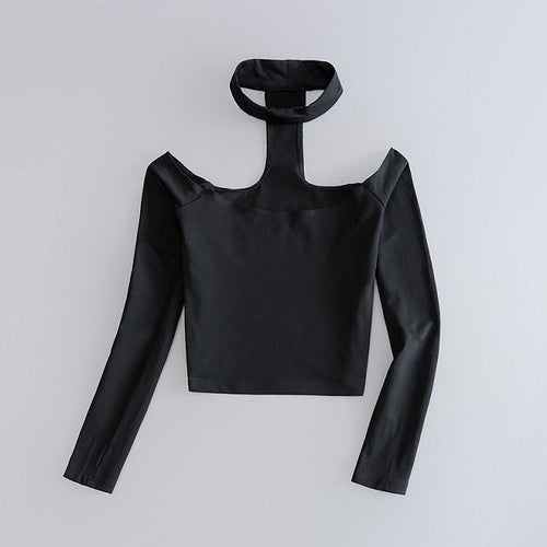 Women's Long Sleeve Crop Top With Choker Slash Neck - Bae Apparel
