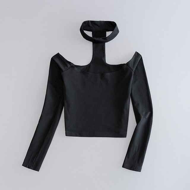 Women's Long Sleeve Crop Top With Choker Slash Neck - Bae Apparel