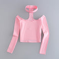Women's Long Sleeve Crop Top With Choker Slash Neck - Bae Apparel